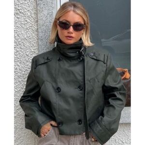 NEW ZARA NEW WOMAN SS23 DARK KHAKI CROPPED WAXED TRENCH COAT JACKET
